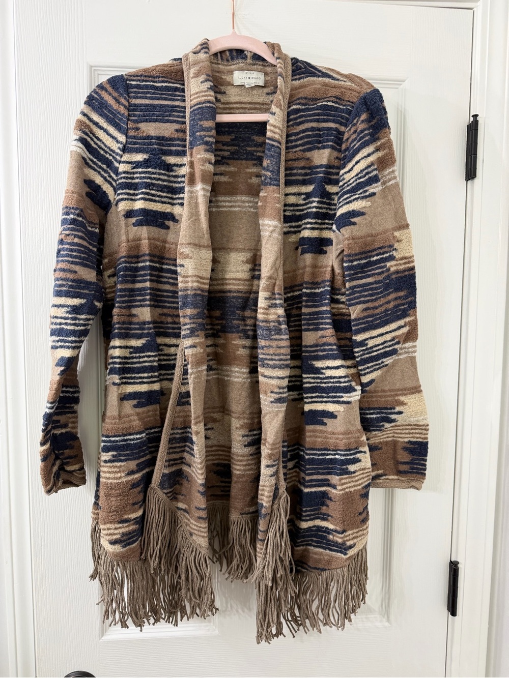Lucky Brand Striped Fringe Open-Front Cardigan - Brown, Navy & Cream